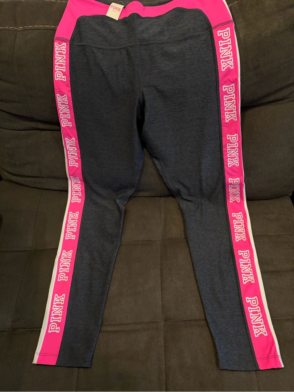 PINK Victoria's Secret Gray Leggings with Hot Pink Logo Stripes